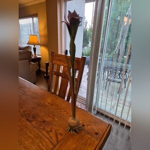 Rare 80s Carnavale Italy Verdigris Mixed Metal Bulb Vase With Metal Iris